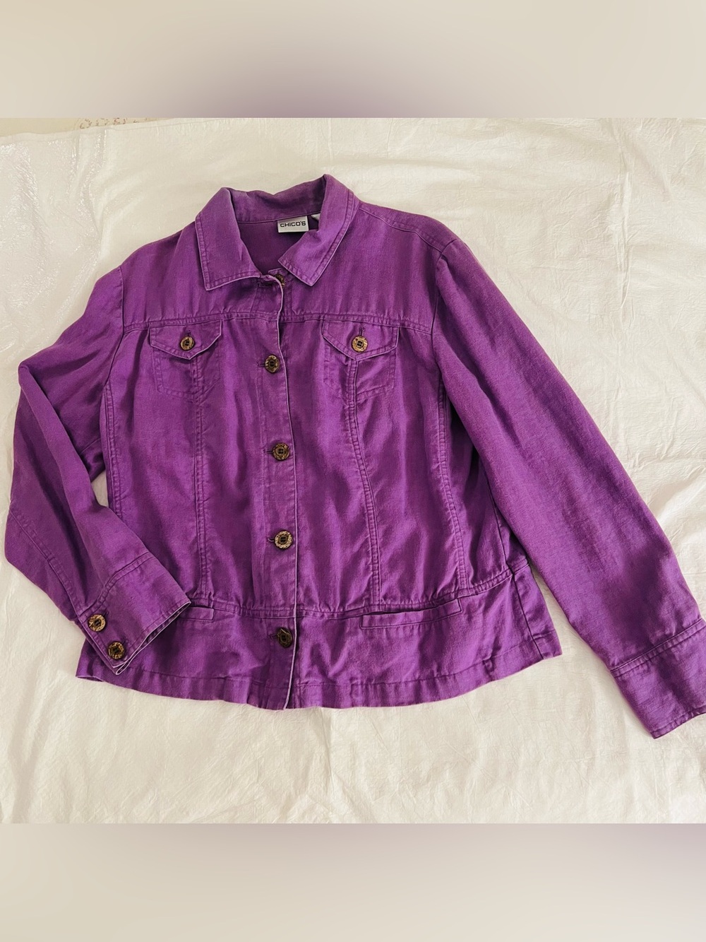 Chico's 100% Linen Purple Jacket Size Lg/2 Button Casual Transitional Moto